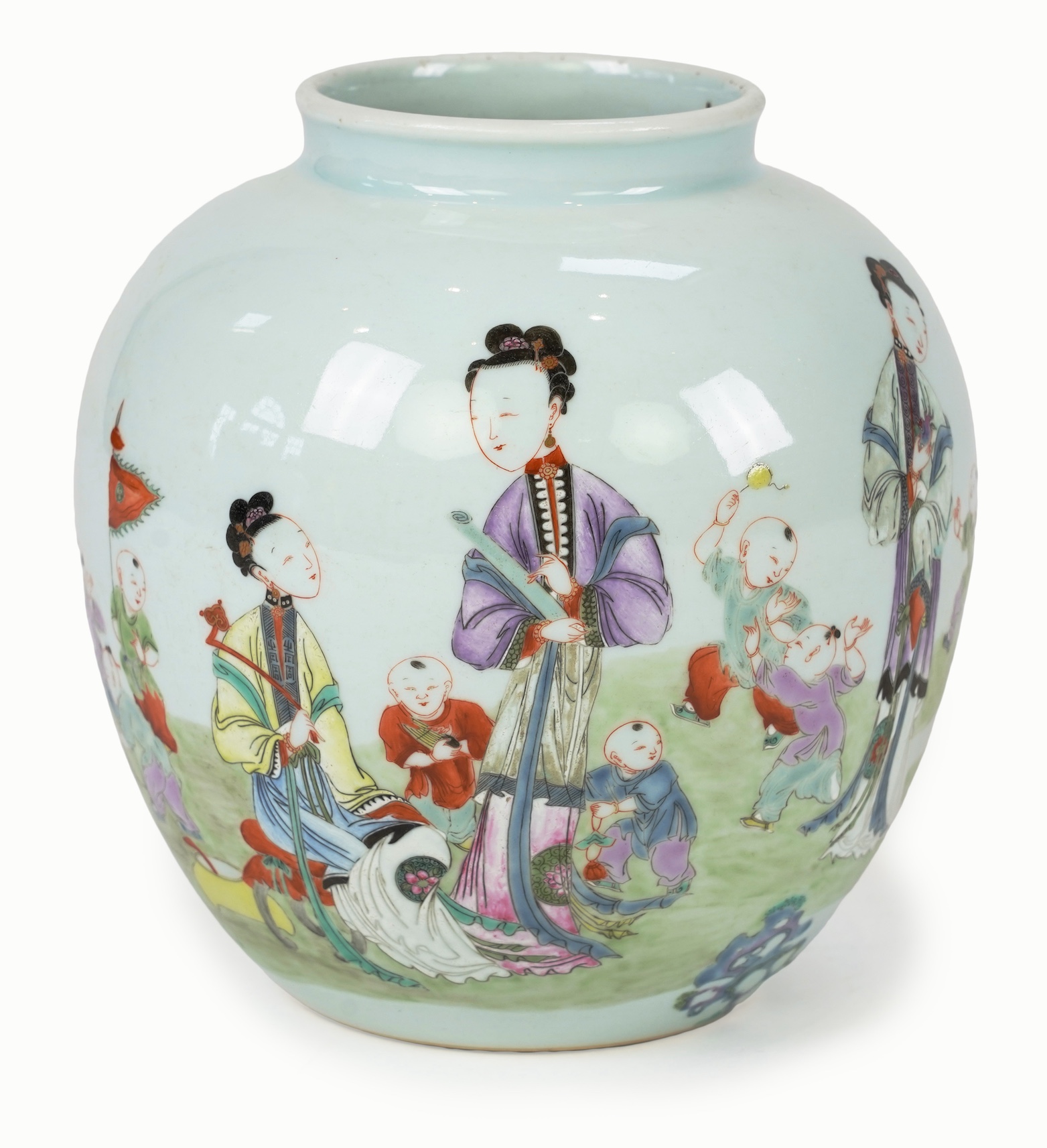 A Chinese famille 'boys' ovoid jar